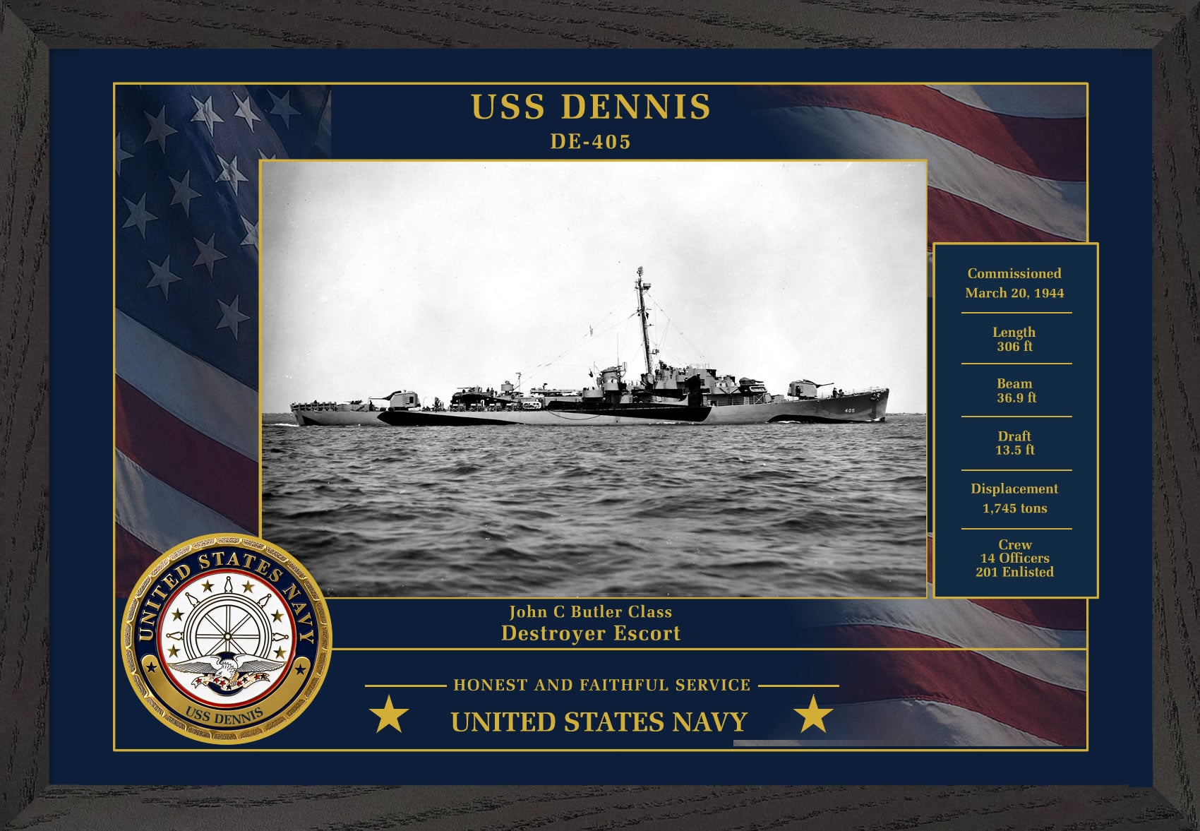 USS Dennis DE-405 Framed Patriotic Photo