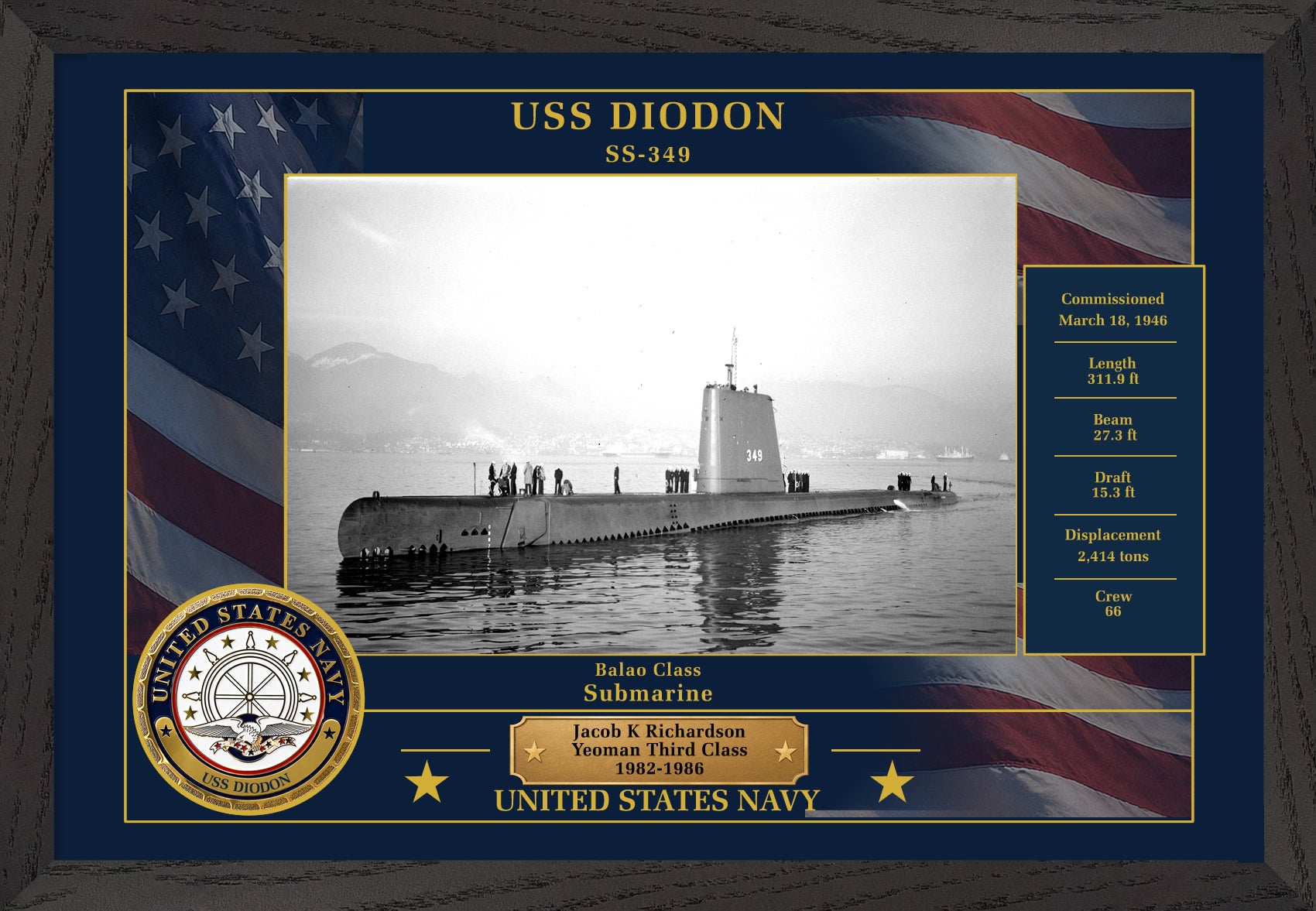 USS Diodon SS-349 Framed Patriotic Photo