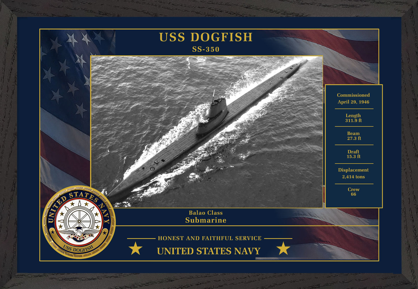 USS Dogfish SS-350 Framed Patriotic Photo