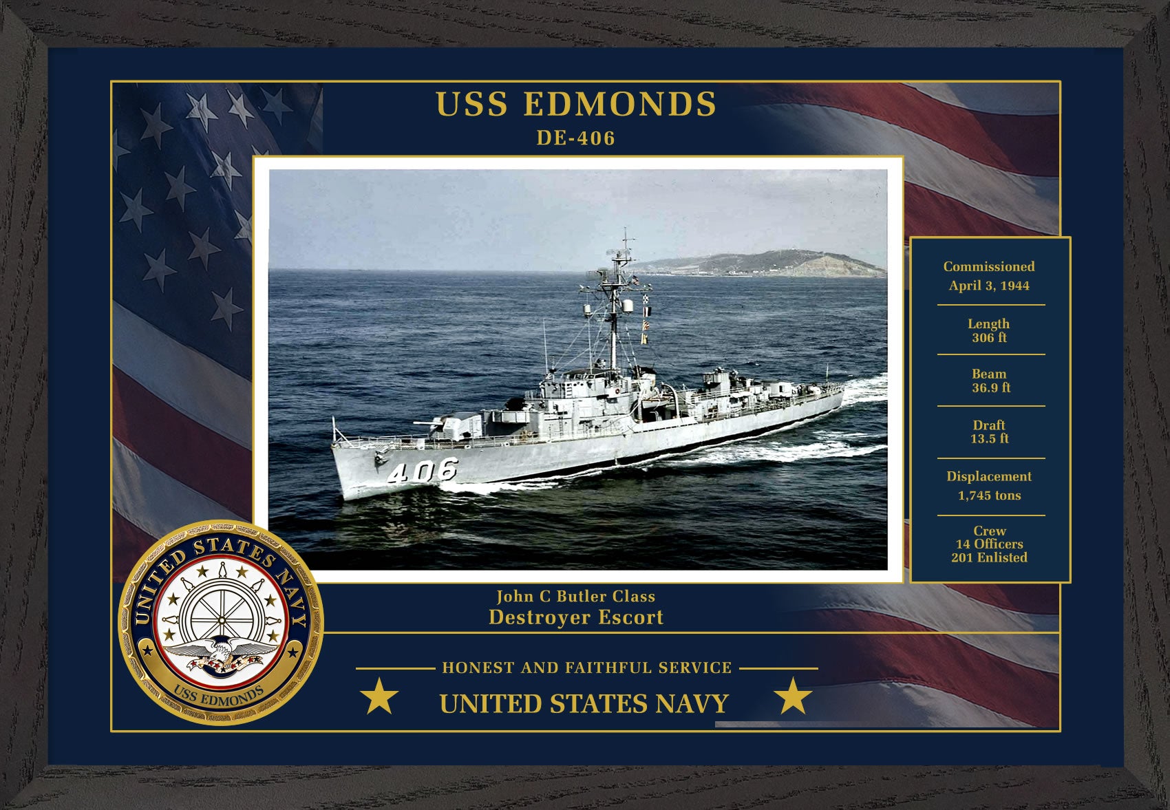 USS Edmonds DE-406 Framed Patriotic Photo