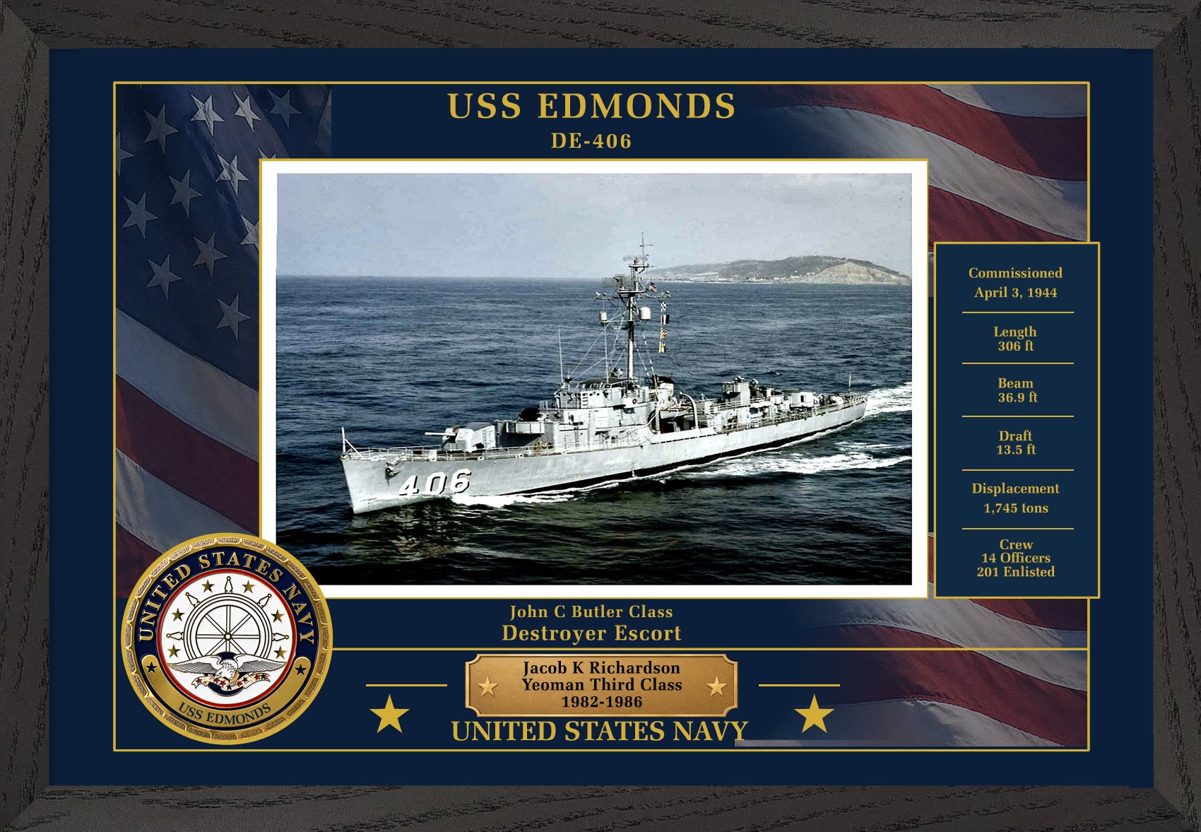 USS Edmonds DE-406 Framed Patriotic Photo