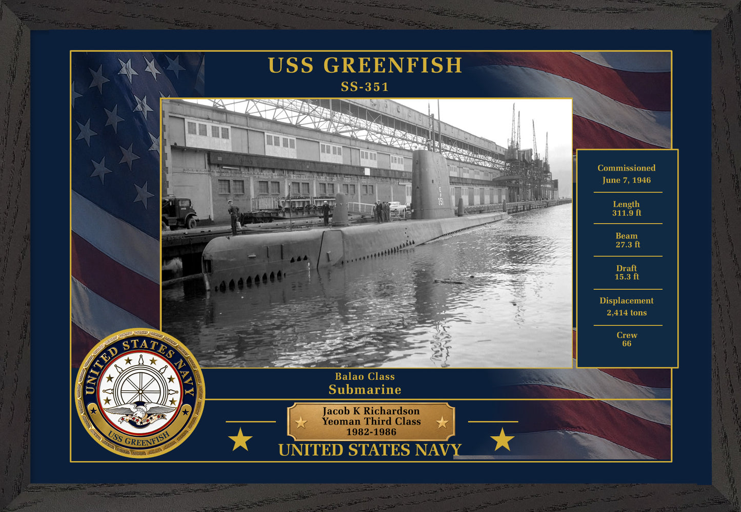 USS Greenfish SS-351 Framed Patriotic Photo