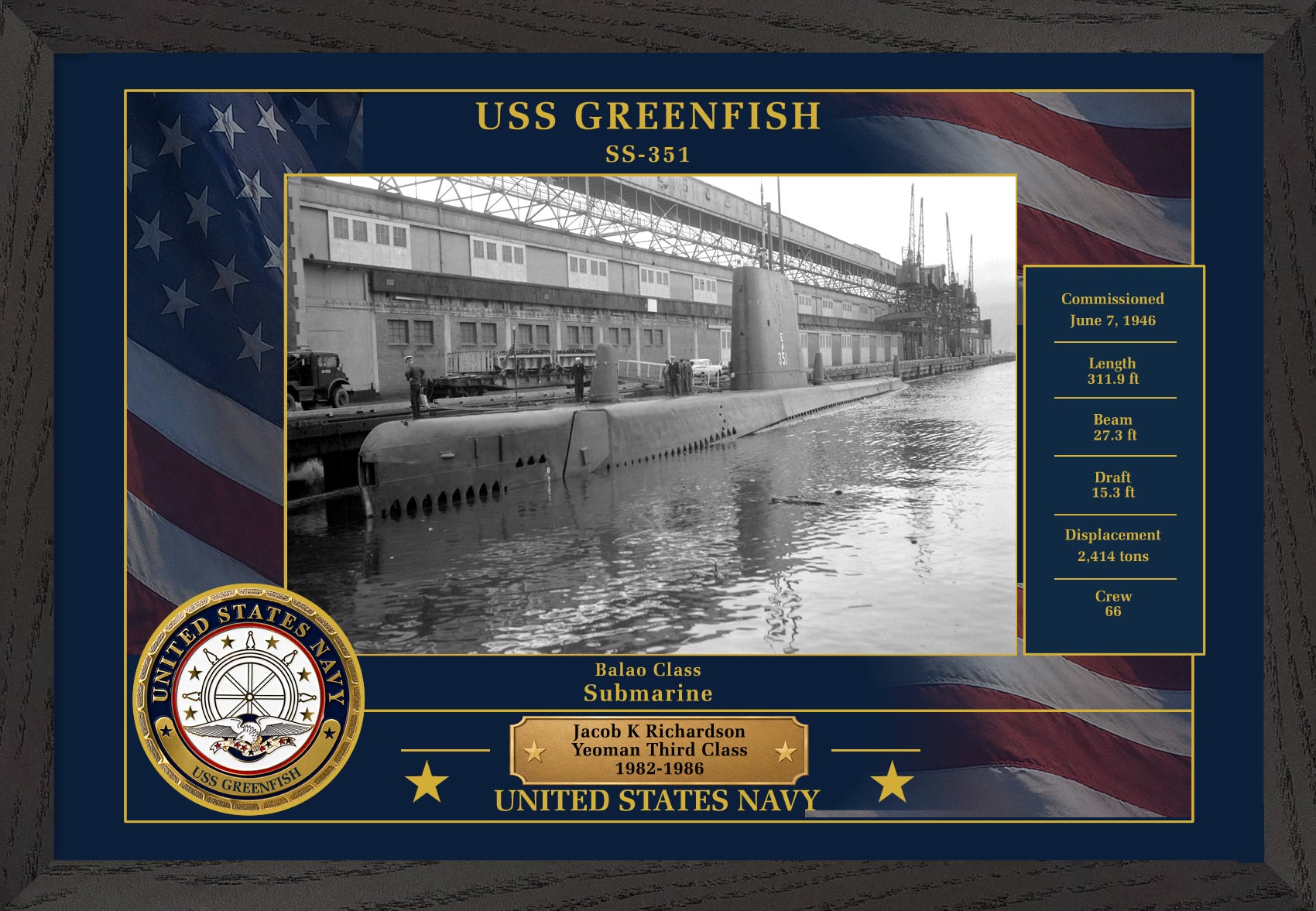 USS Greenfish SS-351 Framed Patriotic Photo
