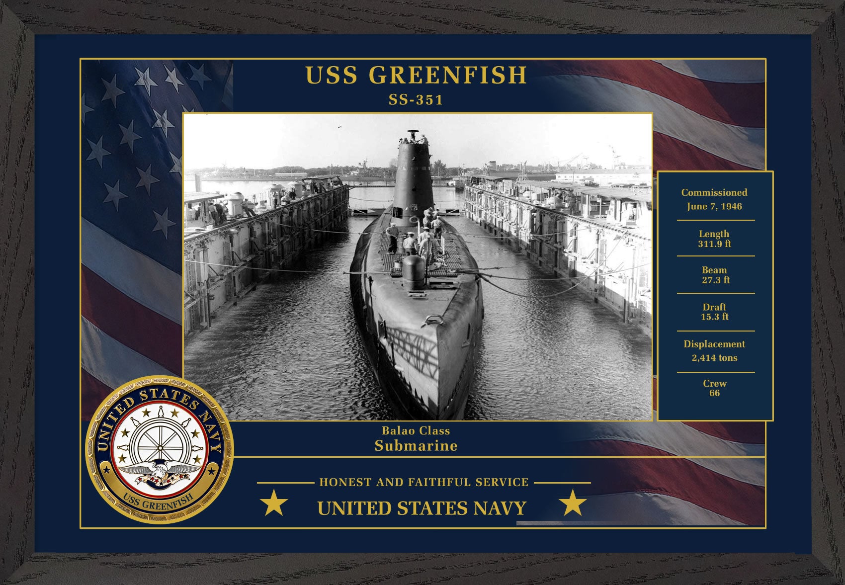 USS Greenfish SS-351 Framed Patriotic Photo