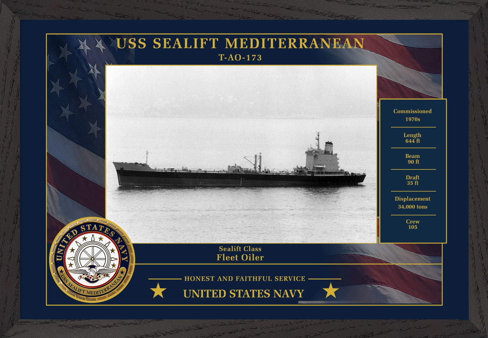 USS Sealift Mediterranean T AO-173 Framed Patriotic Photo