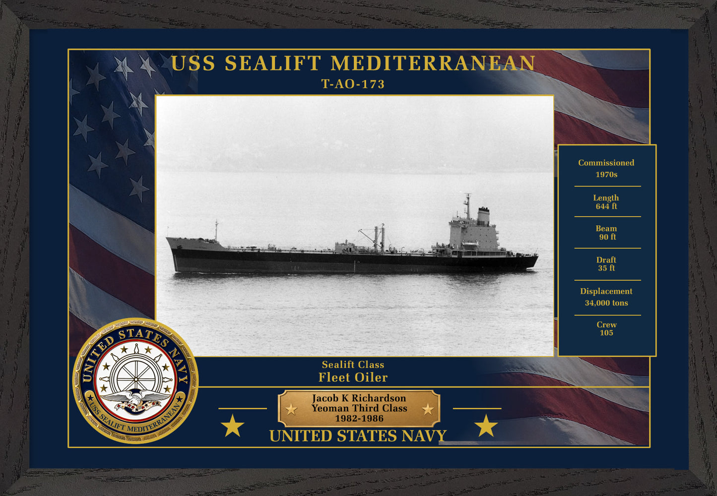 USS Sealift Mediterranean T AO-173 Framed Patriotic Photo