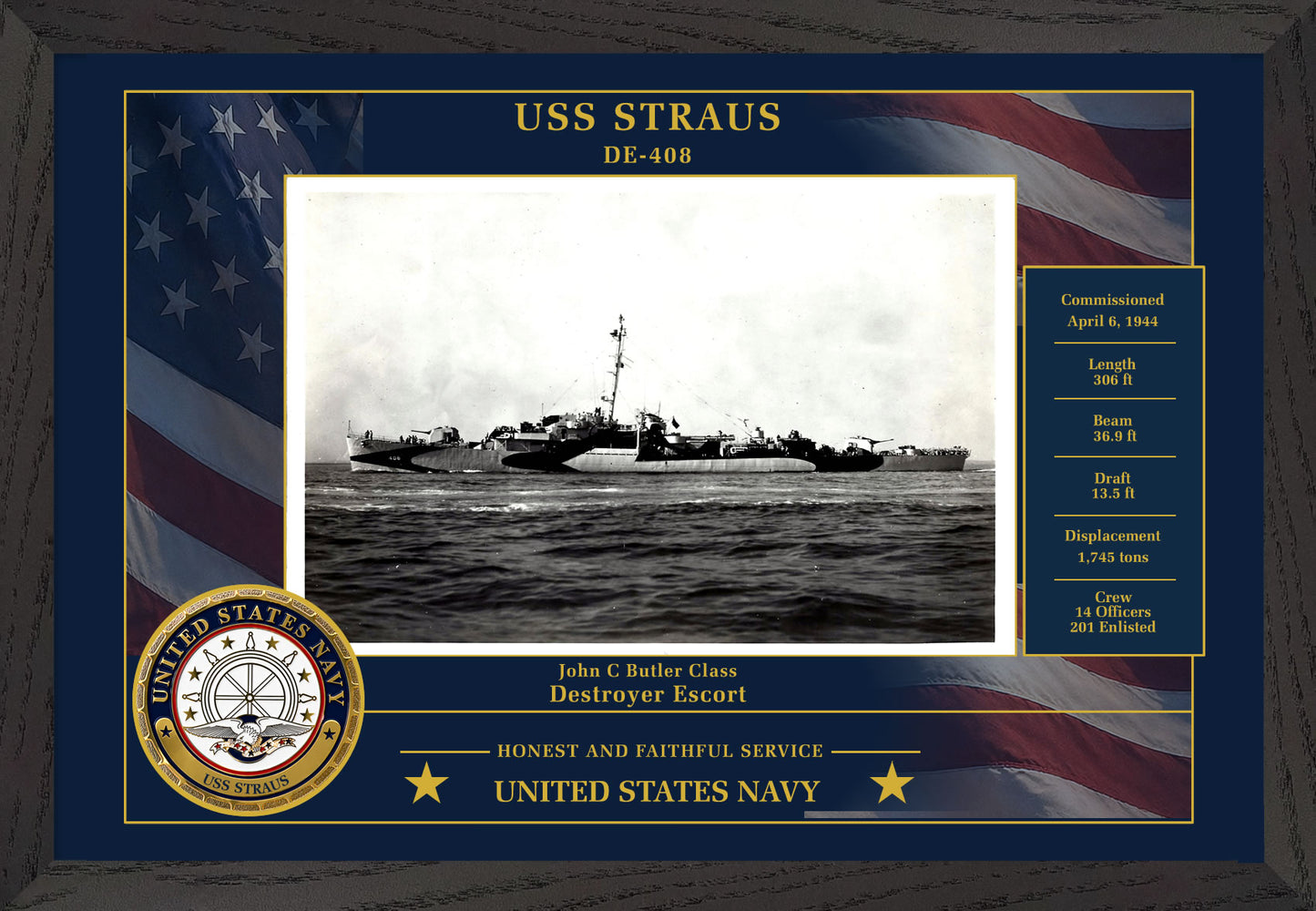 USS Straus DE-408 Framed Patriotic Photo