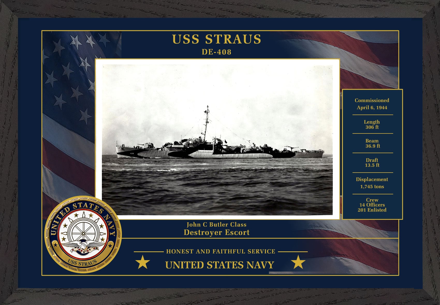USS Straus DE-408 Framed Patriotic Photo