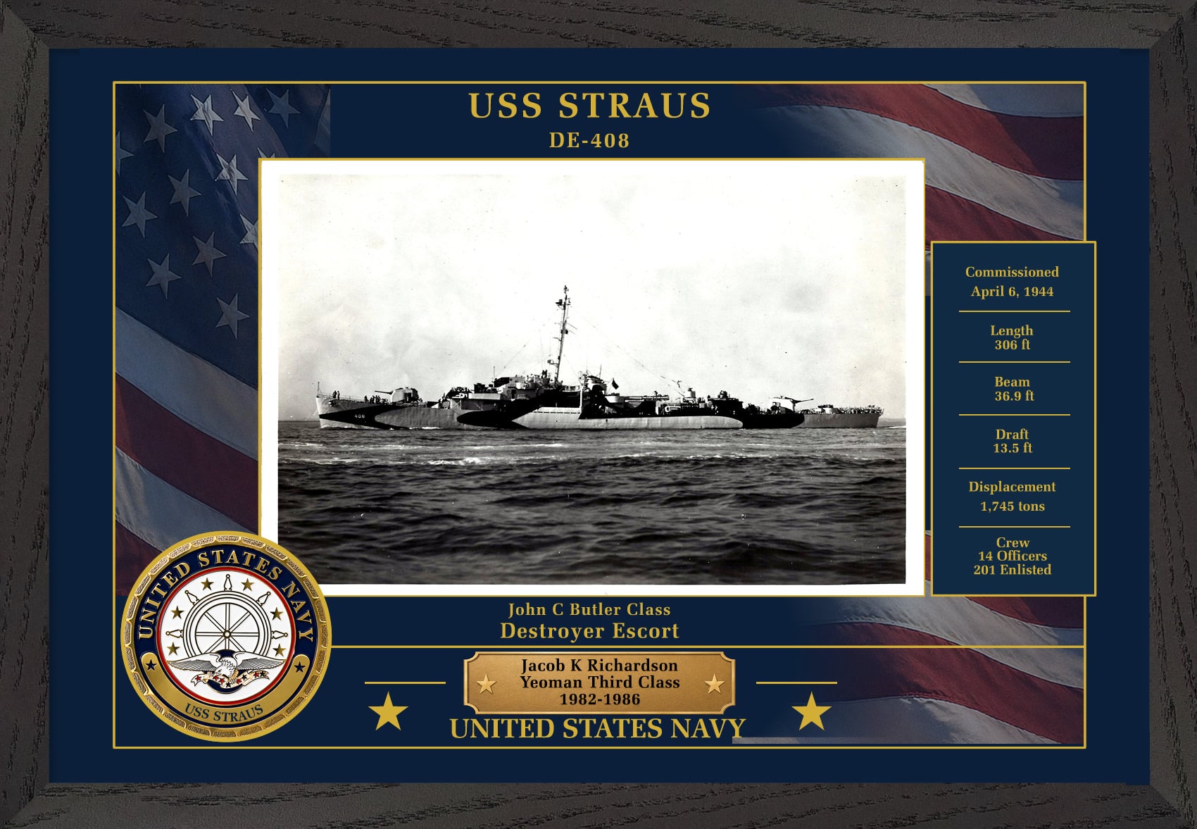 USS Straus DE-408 Framed Patriotic Photo