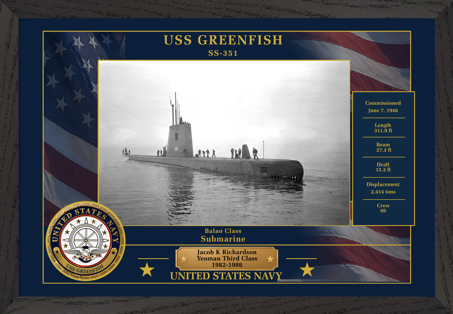 USS Greenfish SS-351 Framed Patriotic Photo