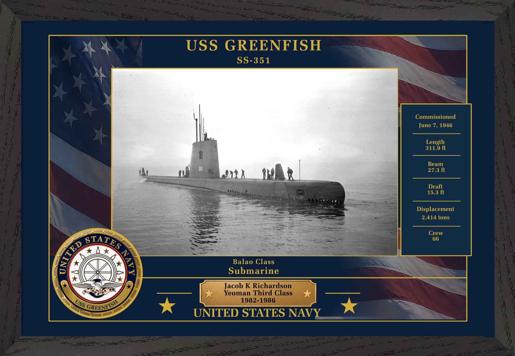 USS Greenfish SS-351 Framed Patriotic Photo
