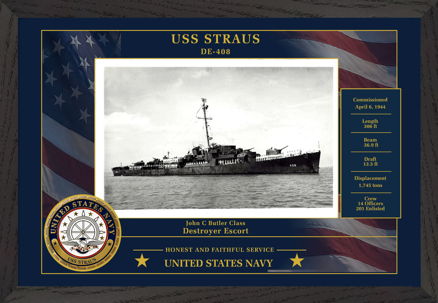 USS Straus DE-408 Framed Patriotic Photo