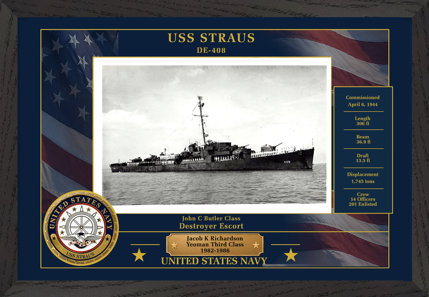 USS Straus DE-408 Framed Patriotic Photo