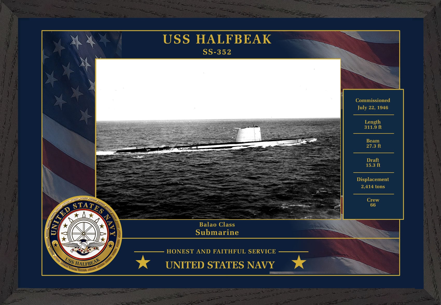USS Halfbeak SS-352 Framed Patriotic Photo
