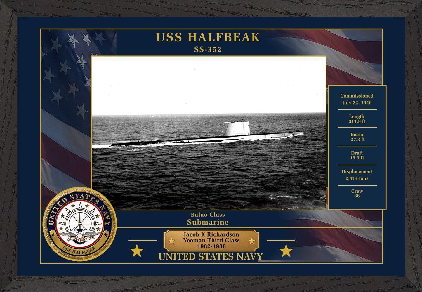 USS Halfbeak SS-352 Framed Patriotic Photo