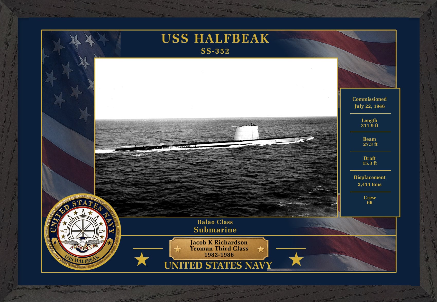 USS Halfbeak SS-352 Framed Patriotic Photo