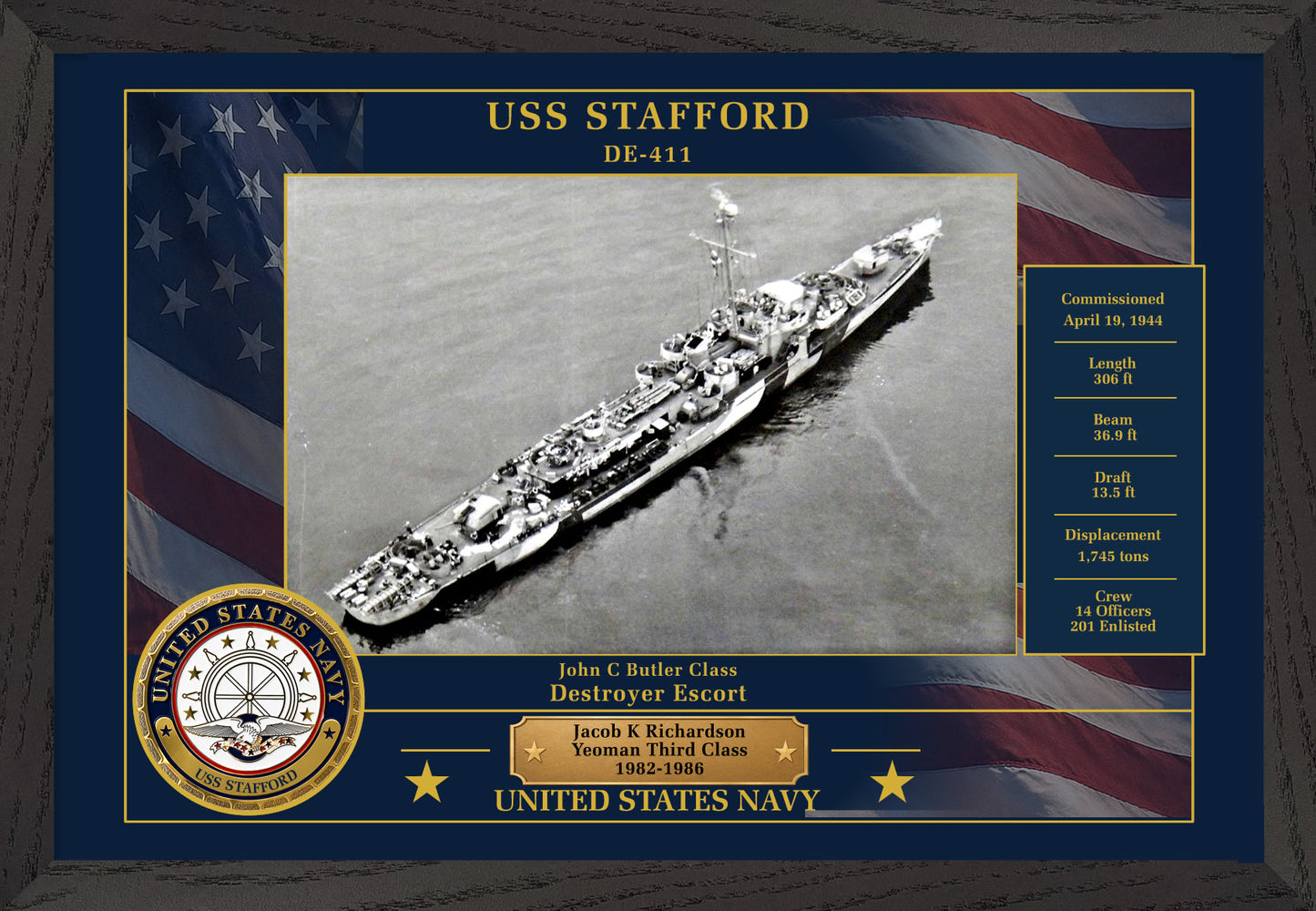 USS Stafford DE-411 Framed Patriotic Photo
