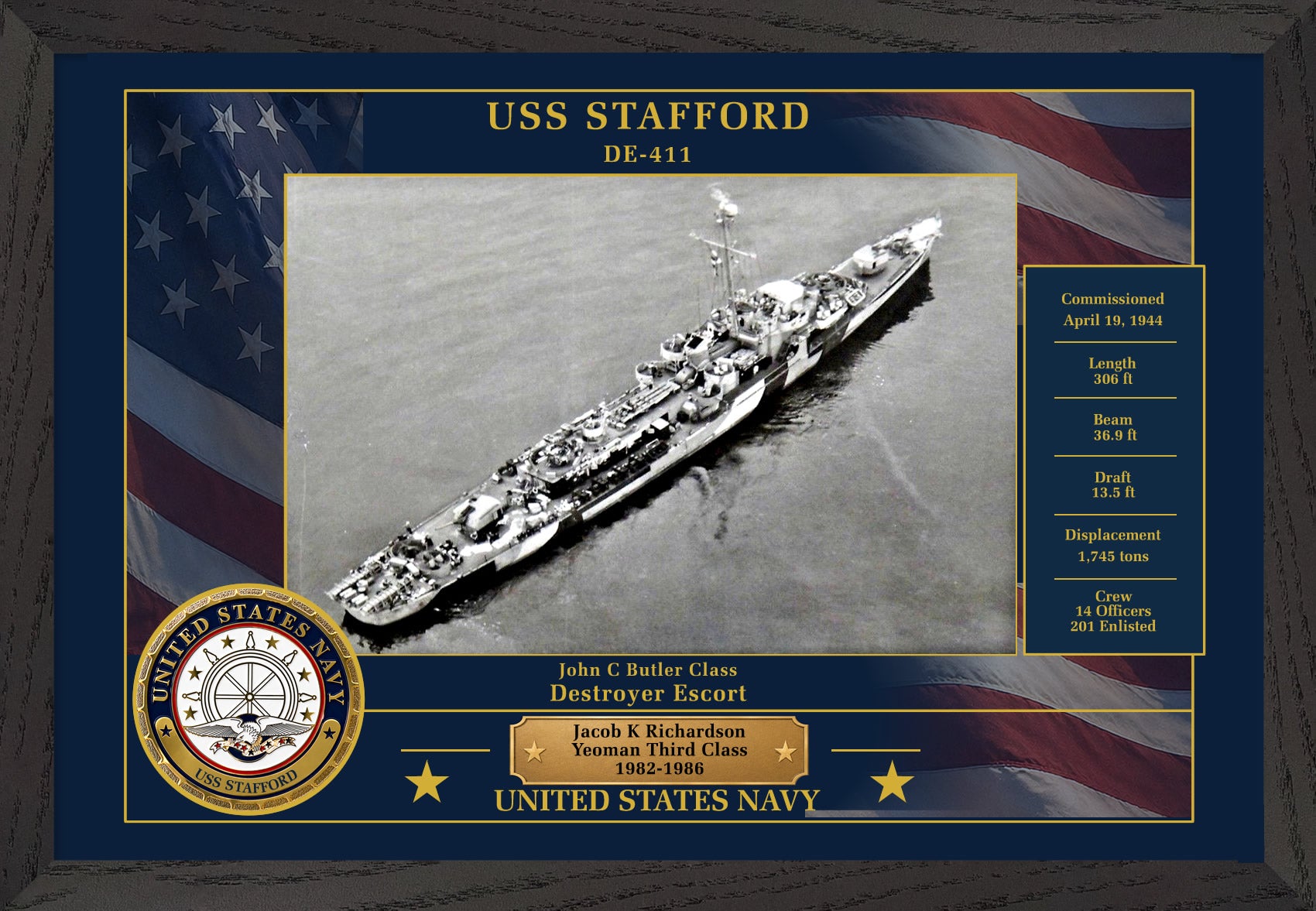 USS Stafford DE-411 Framed Patriotic Photo