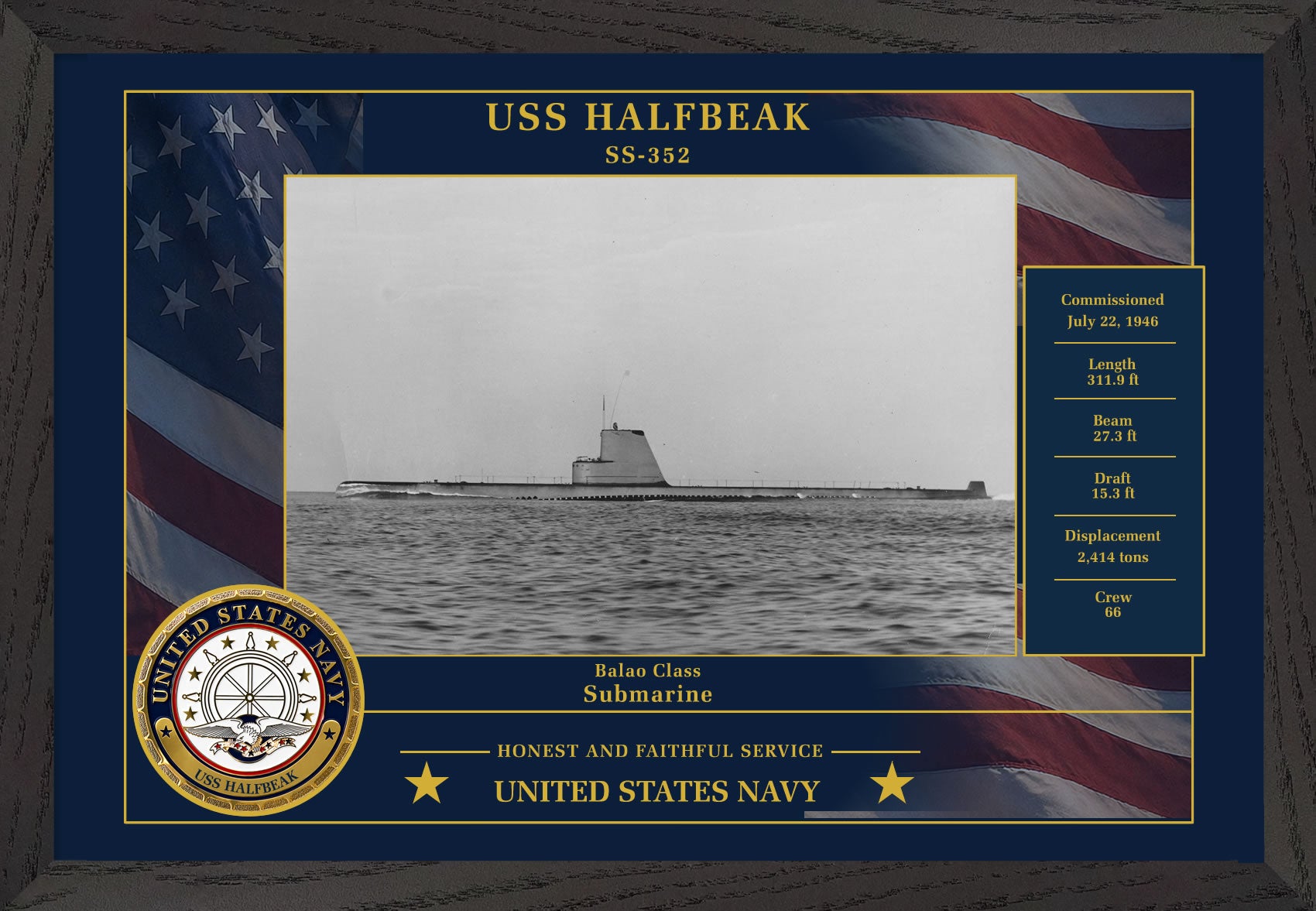 USS Halfbeak SS-352 Framed Patriotic Photo