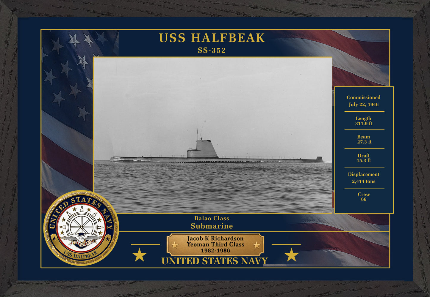 USS Halfbeak SS-352 Framed Patriotic Photo
