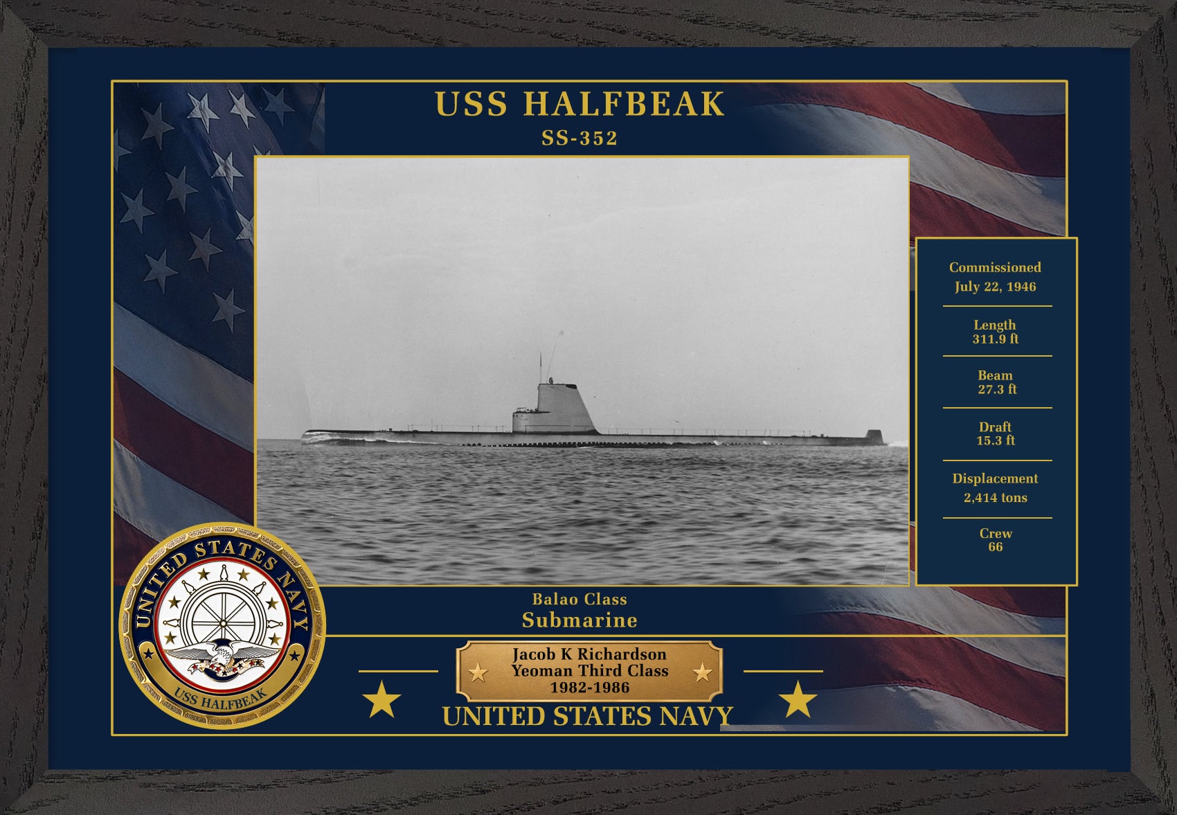 USS Halfbeak SS-352 Framed Patriotic Photo