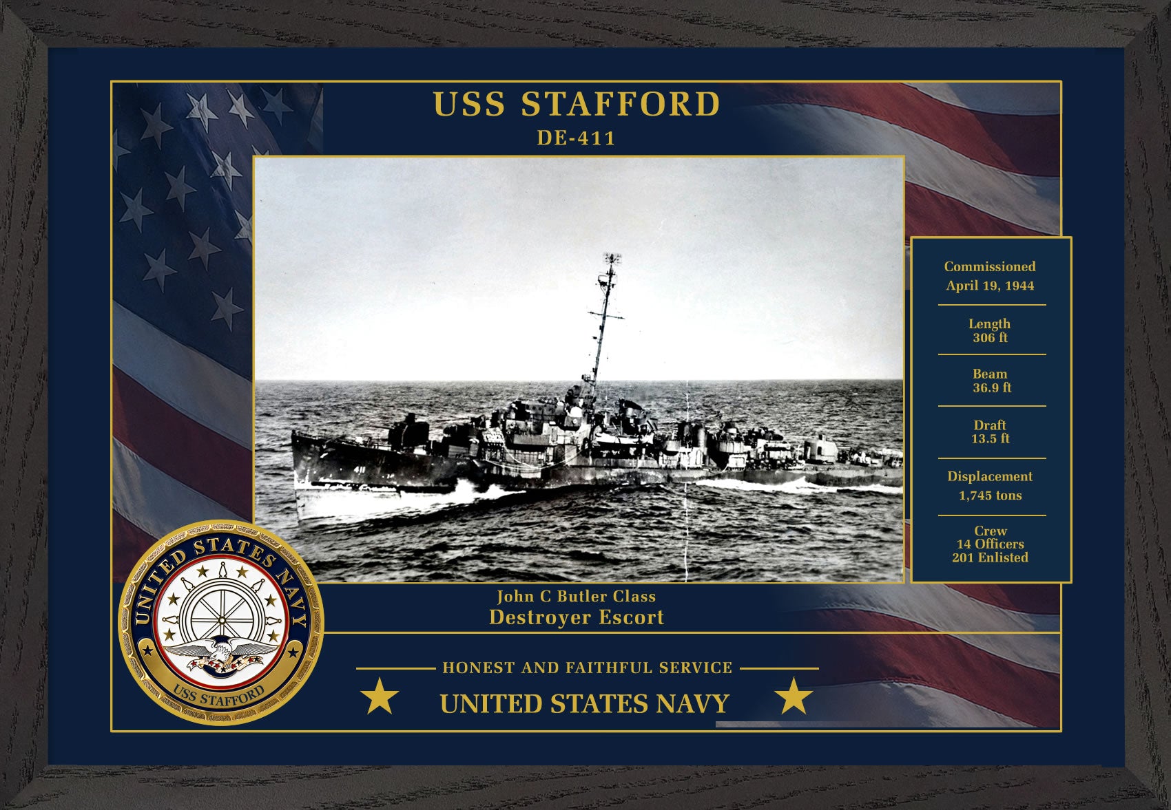 USS Stafford DE-411 Framed Patriotic Photo