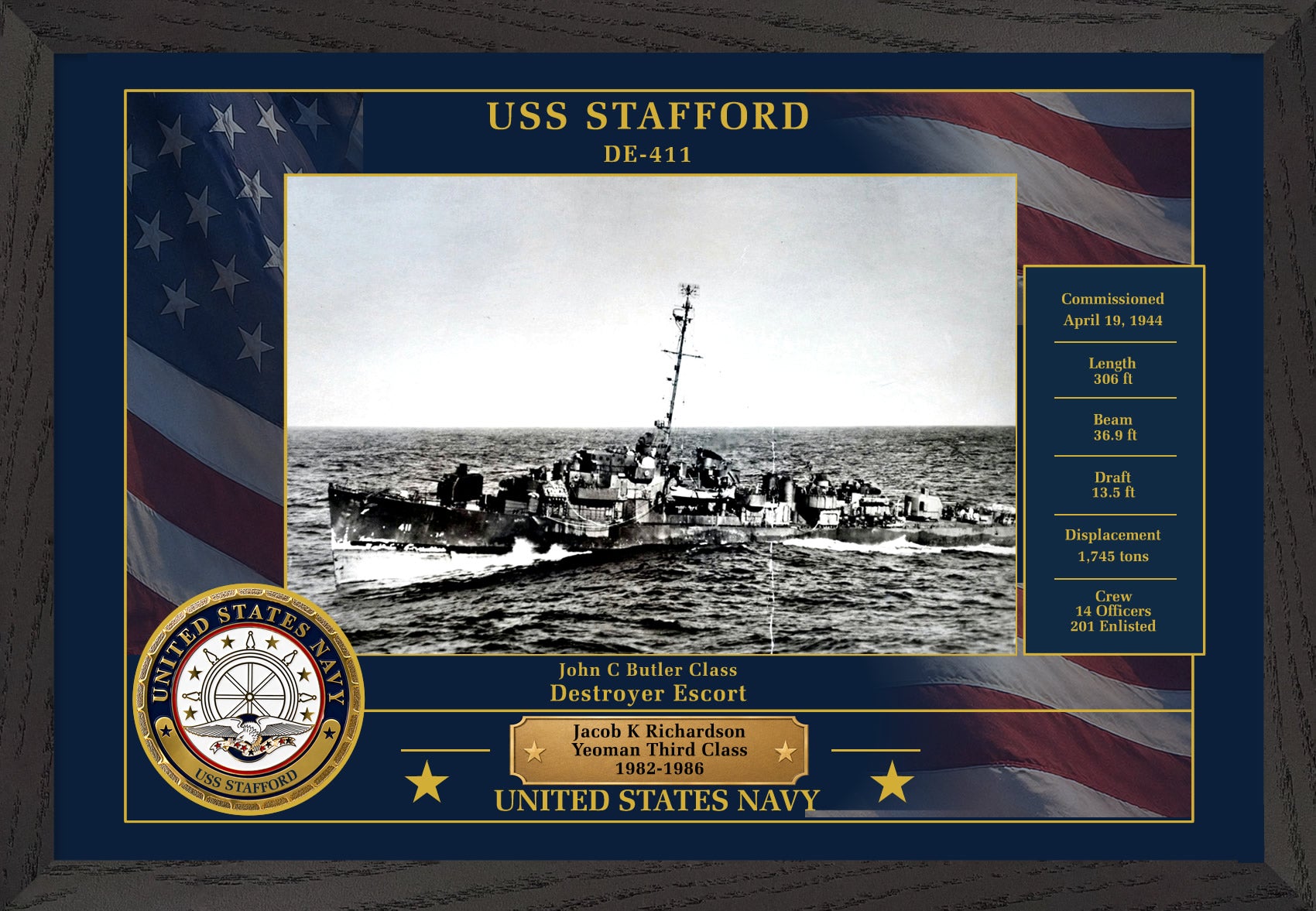 USS Stafford DE-411 Framed Patriotic Photo