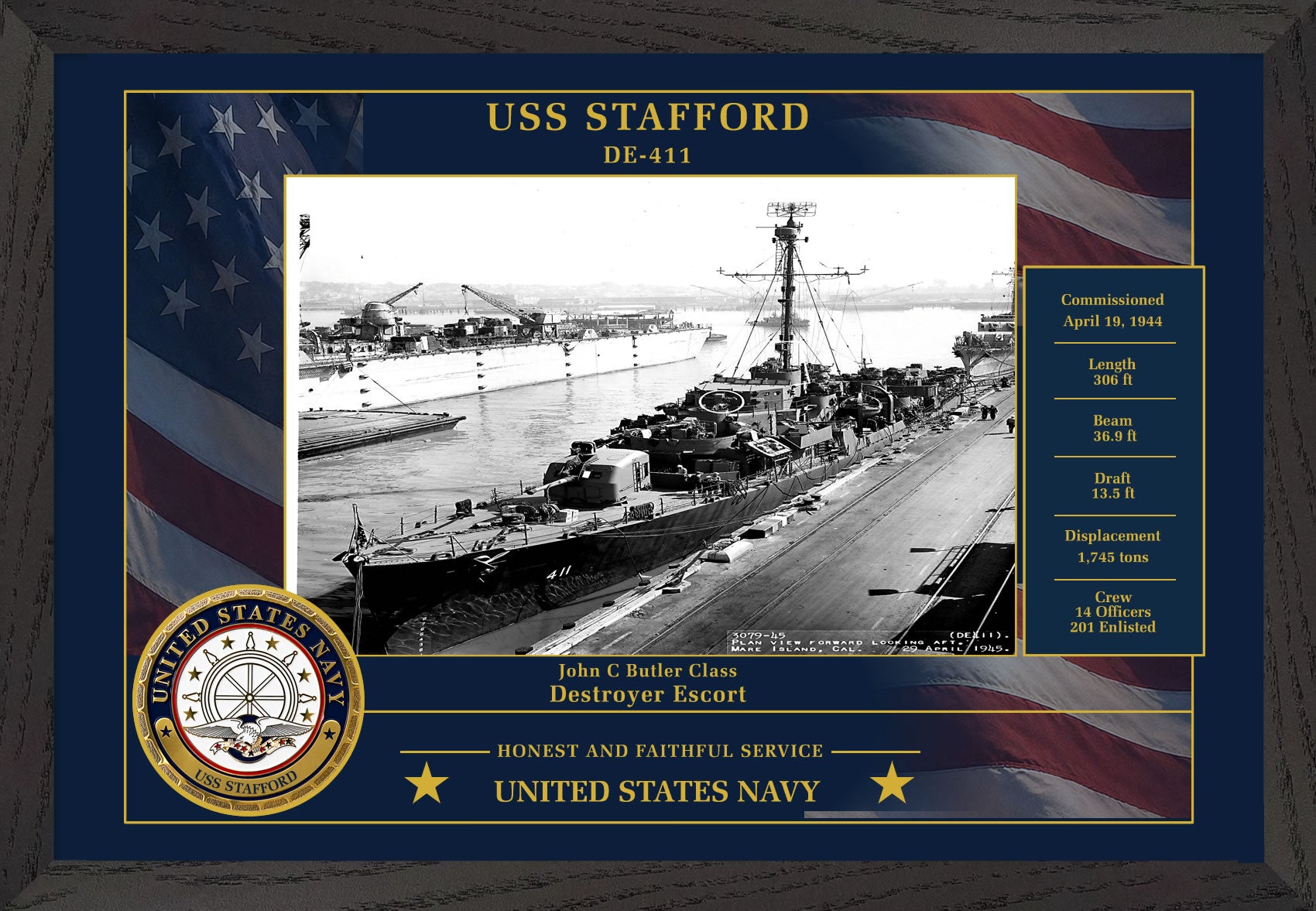 USS Stafford DE-411 Framed Patriotic Photo
