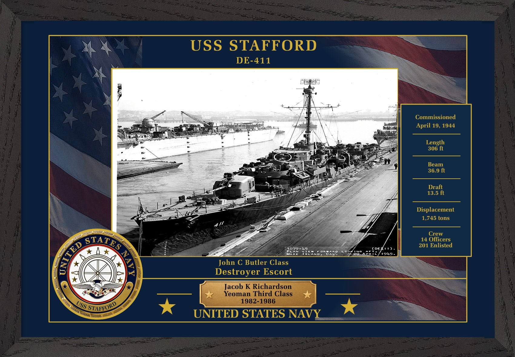 USS Stafford DE-411 Framed Patriotic Photo
