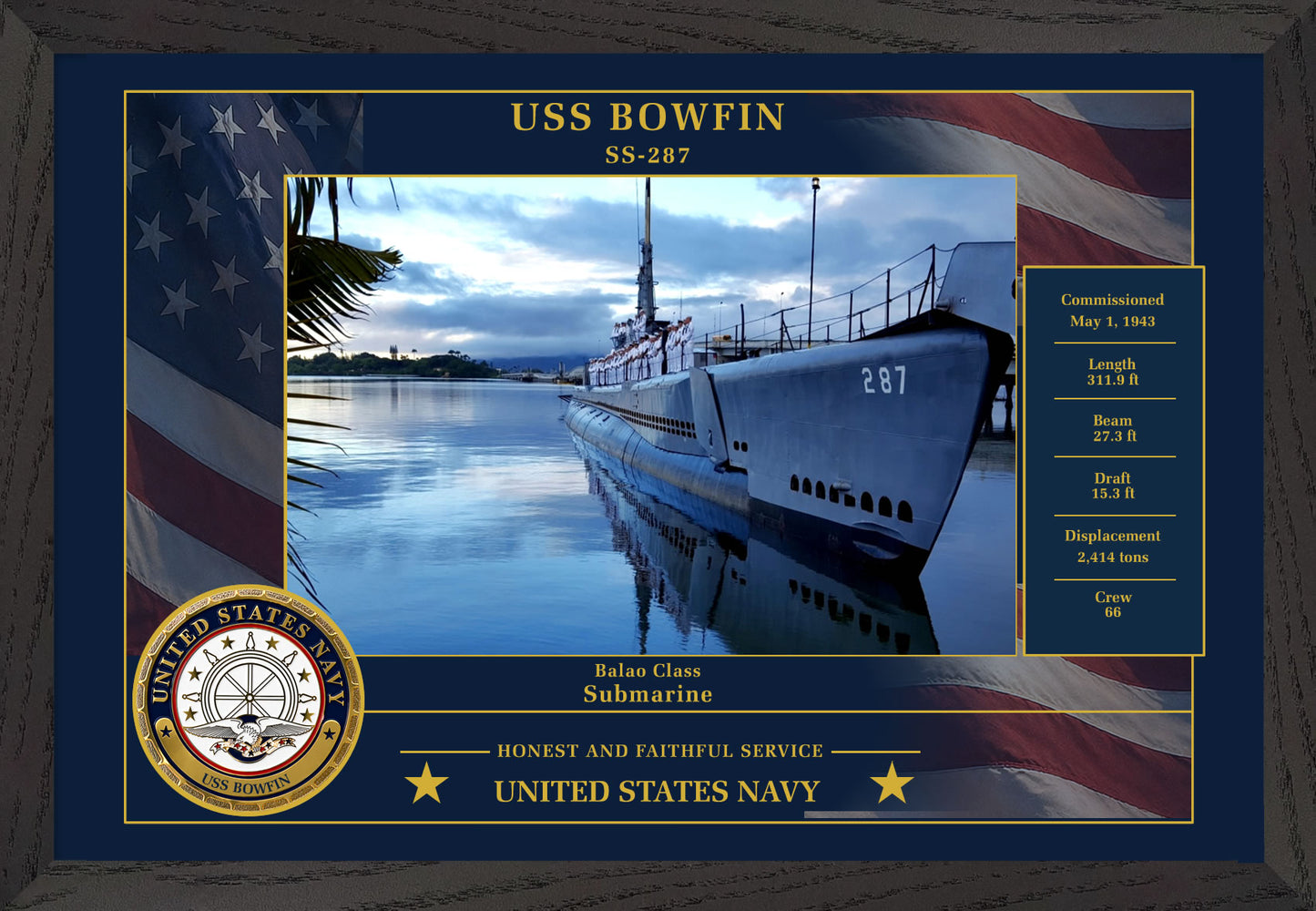 USS Bowfin SS-287 Framed Patriotic Photo