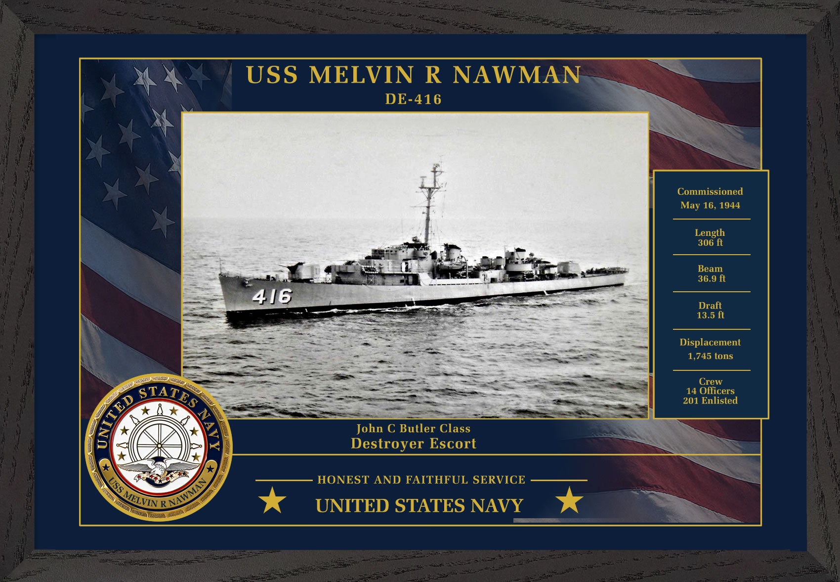 USS Melvin R Nawman DE-416 Framed Patriotic Photo