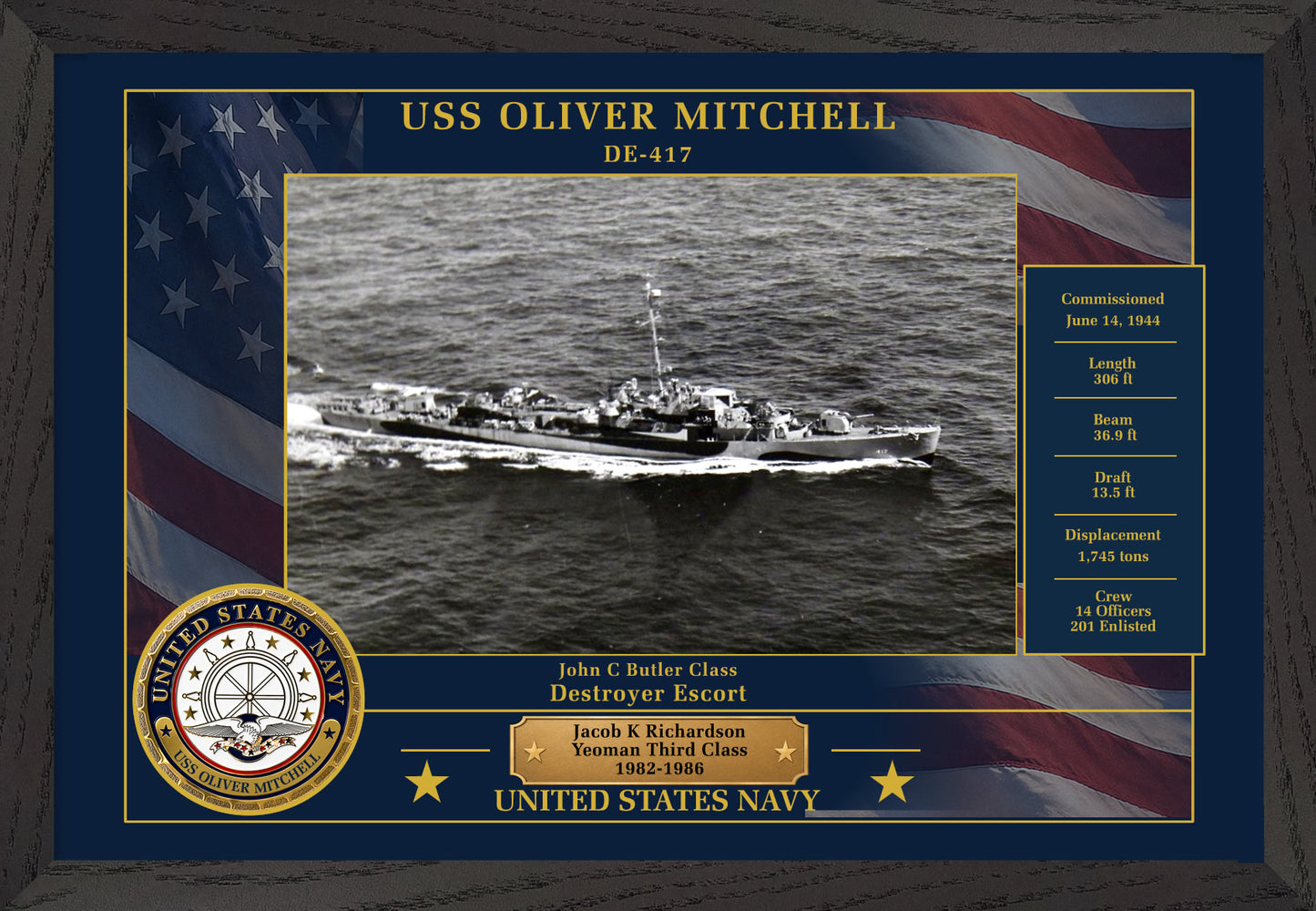 USS Oliver Mitchell DE-417 Framed Patriotic Photo