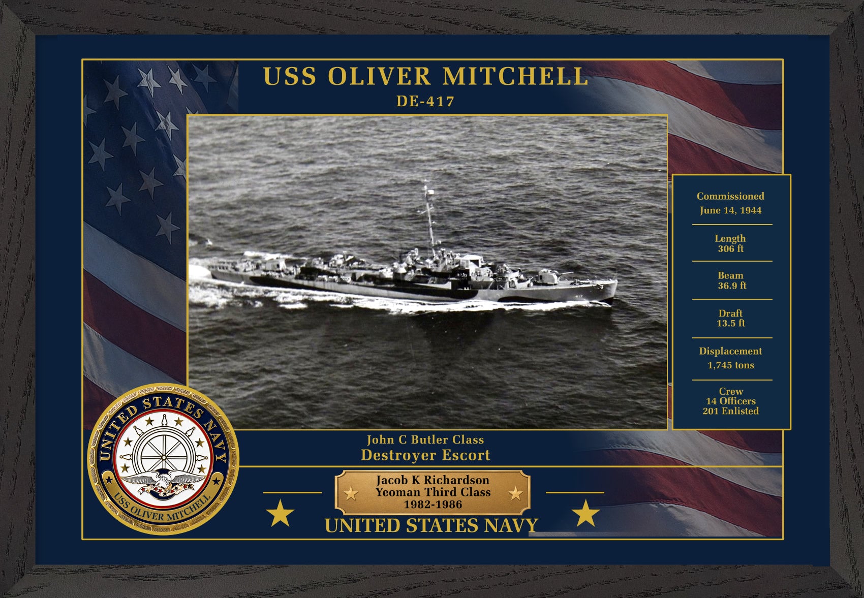 USS Oliver Mitchell DE-417 Framed Patriotic Photo