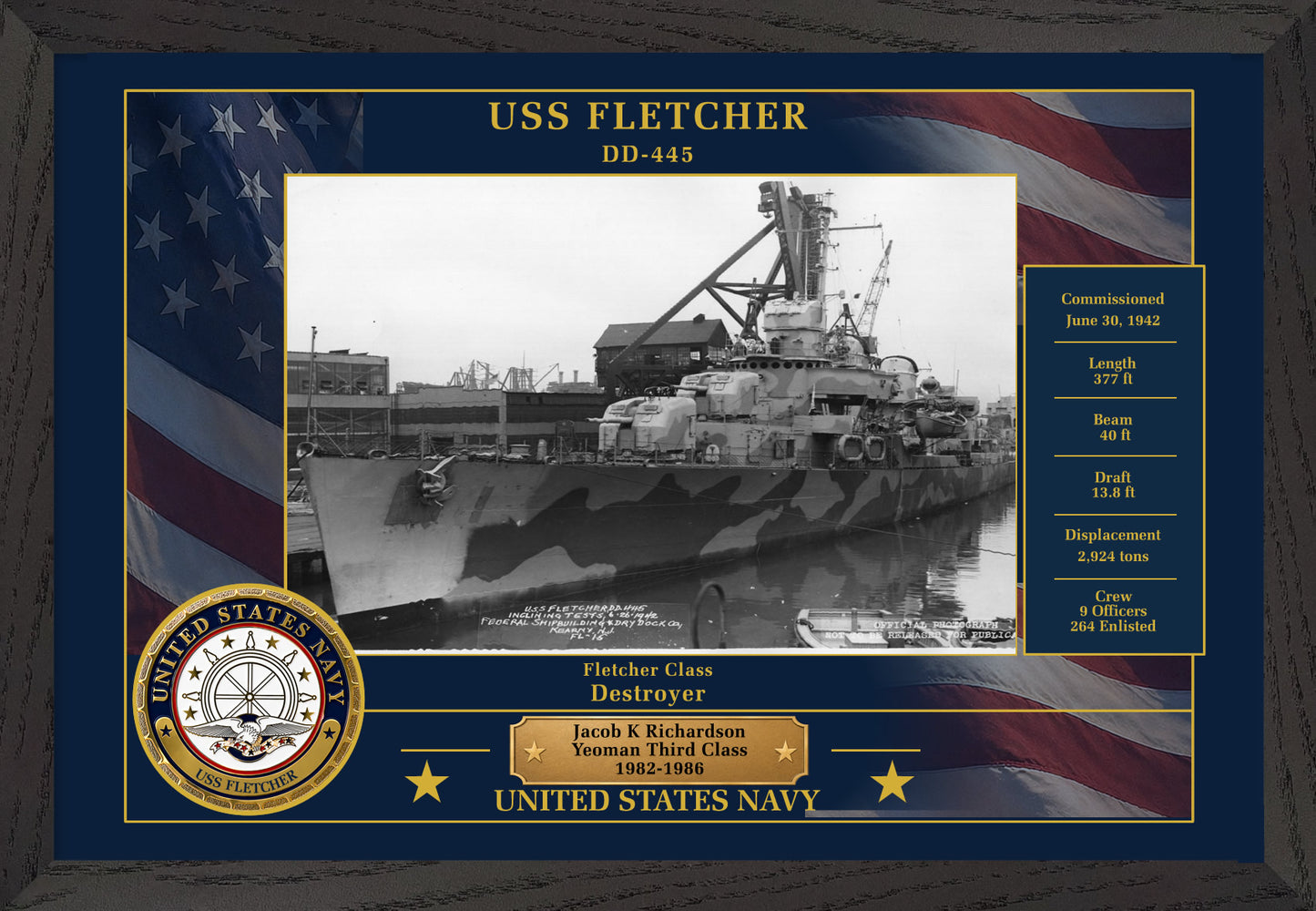 USS Fletcher DD-445 Framed Patriotic Photo