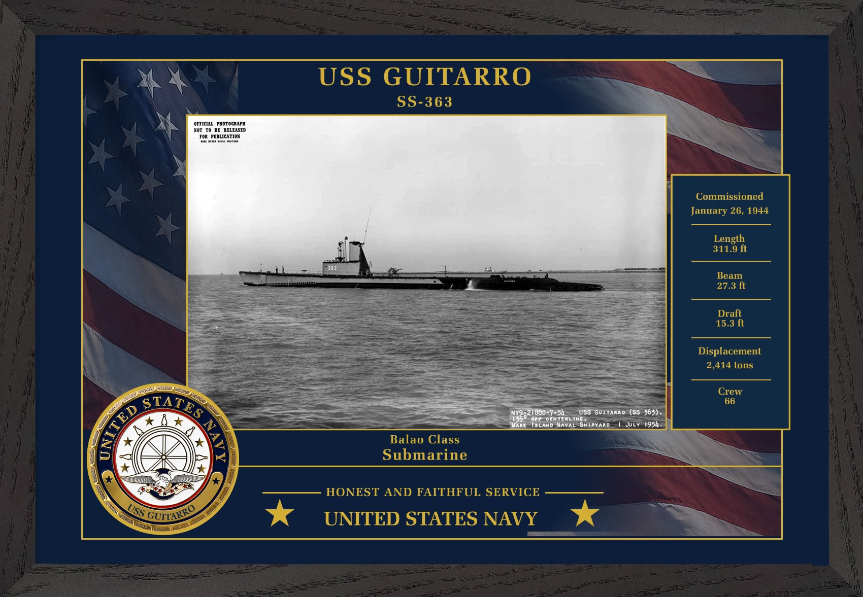 USS Guitarro SS-363 Framed Patriotic Photo