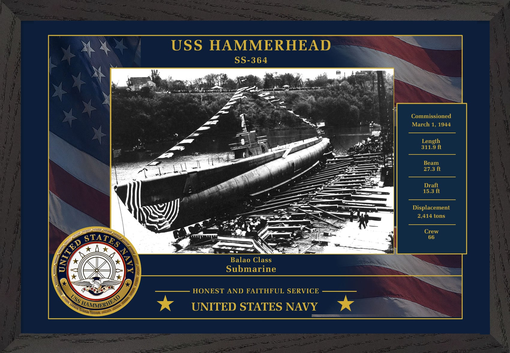 USS Hammerhead SS-364 Framed Patriotic Photo