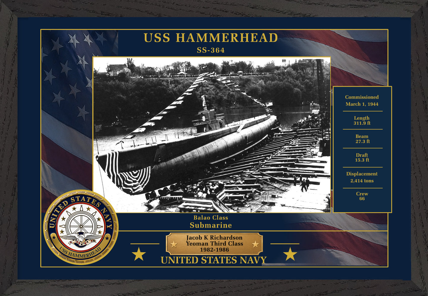 USS Hammerhead SS-364 Framed Patriotic Photo