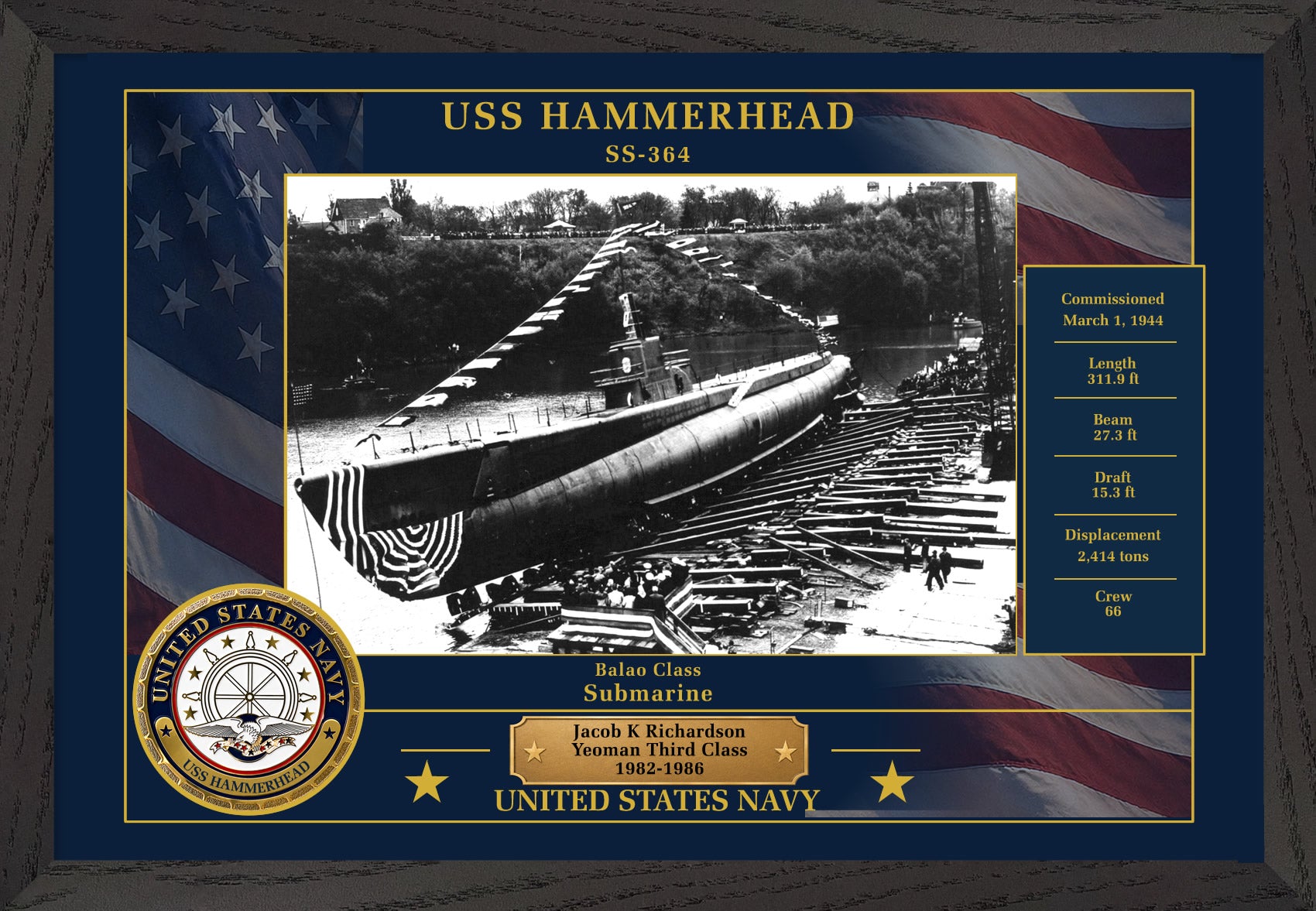 USS Hammerhead SS-364 Framed Patriotic Photo