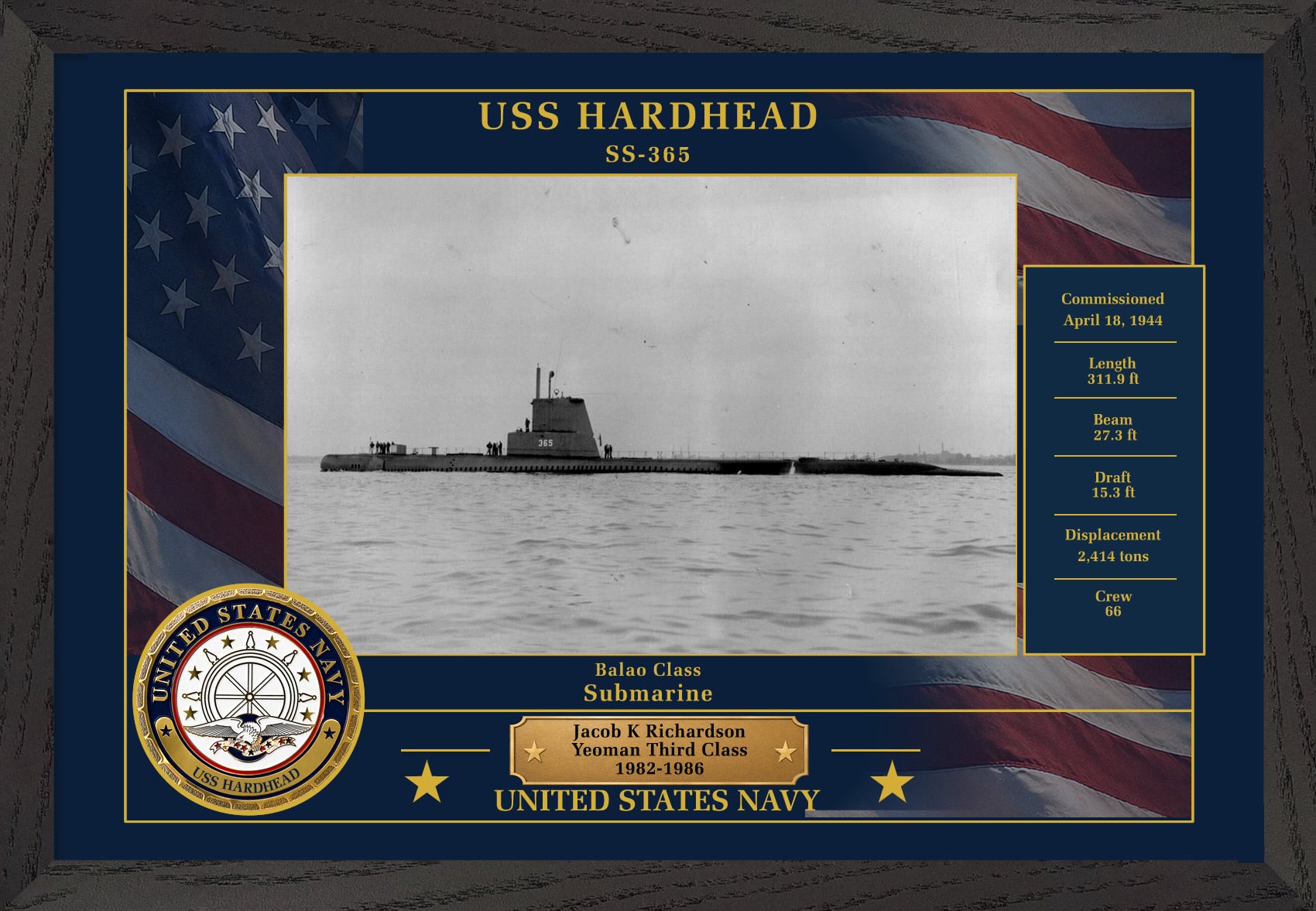 USS Hardhead SS-365 Framed Patriotic Photo