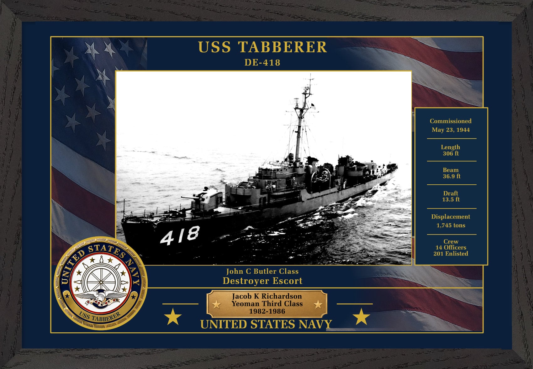 USS Tabberer DE-418 Framed Patriotic Photo