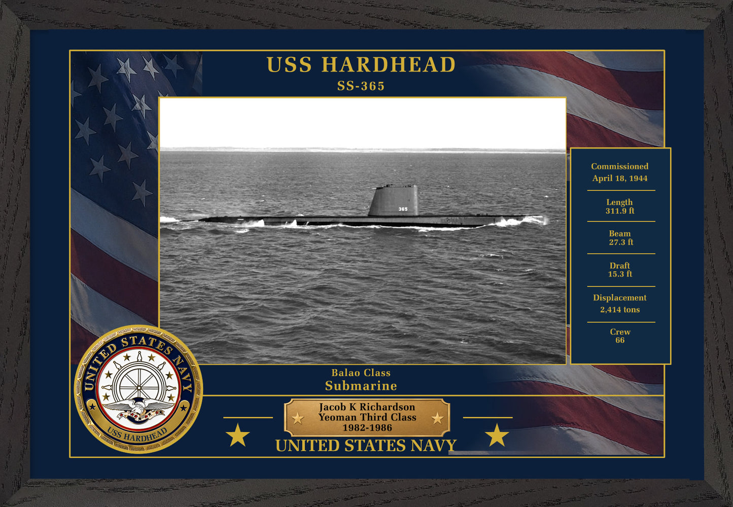 USS Hardhead SS-365 Framed Patriotic Photo