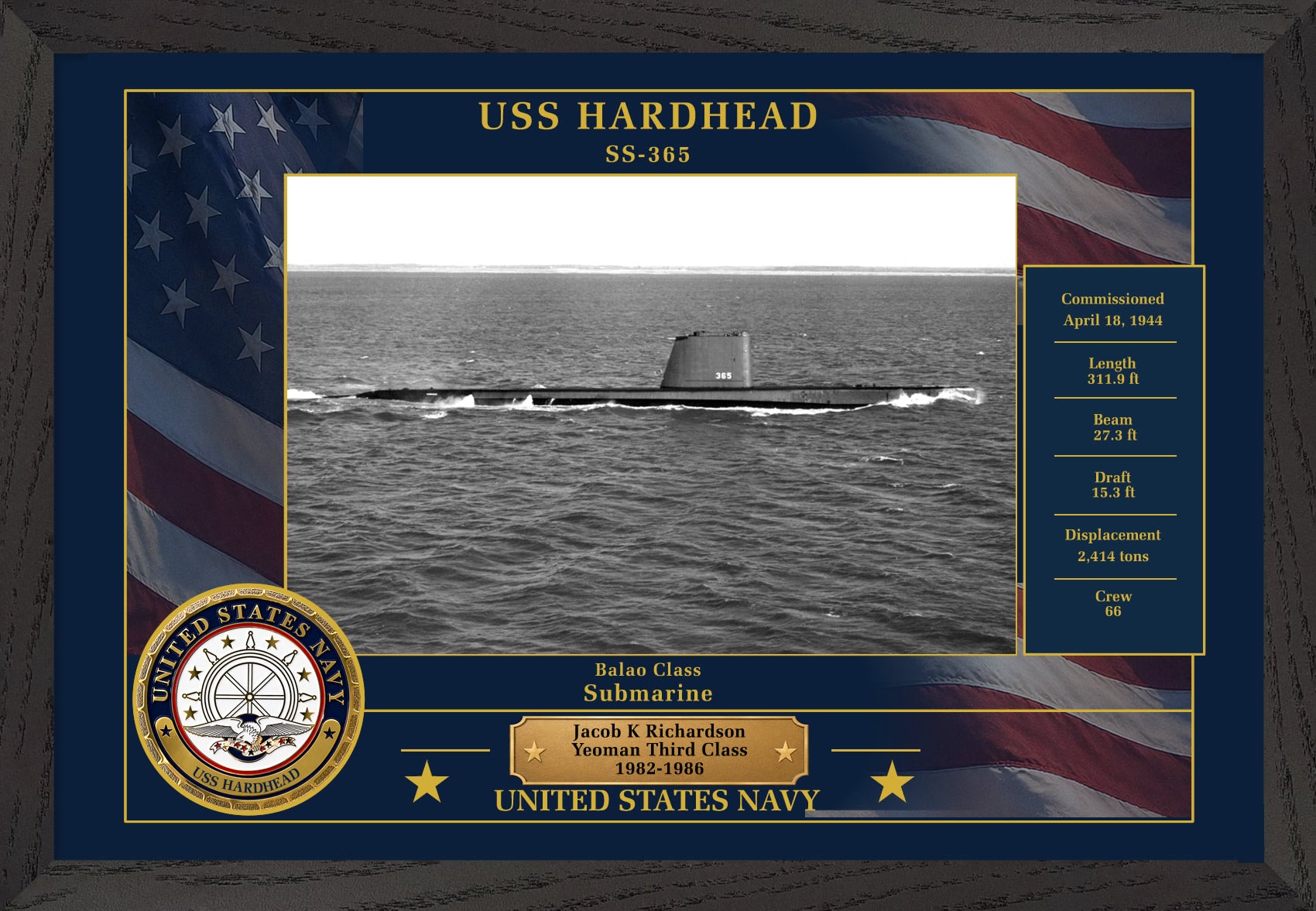 USS Hardhead SS-365 Framed Patriotic Photo