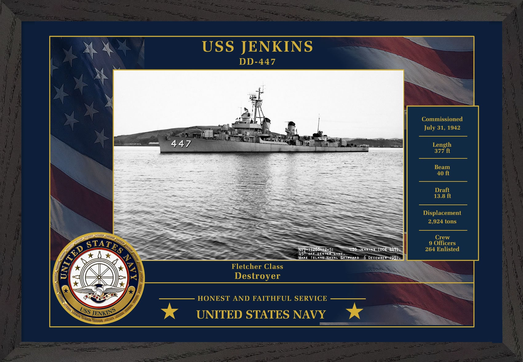 USS Jenkins DD-447 Framed Patriotic Photo