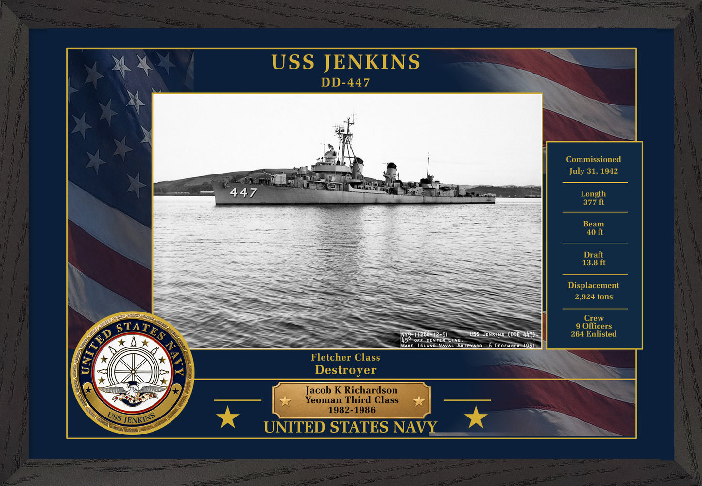 USS Jenkins DD-447 Framed Patriotic Photo