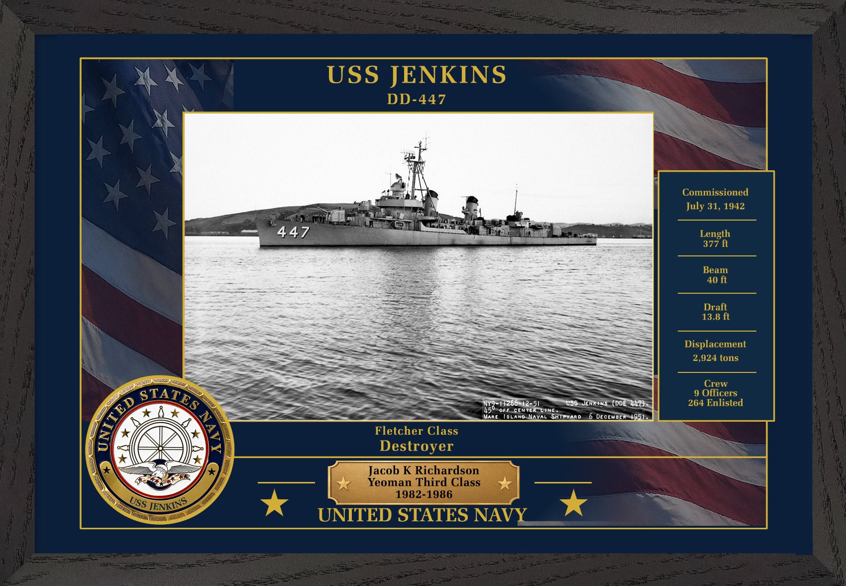 USS Jenkins DD-447 Framed Patriotic Photo
