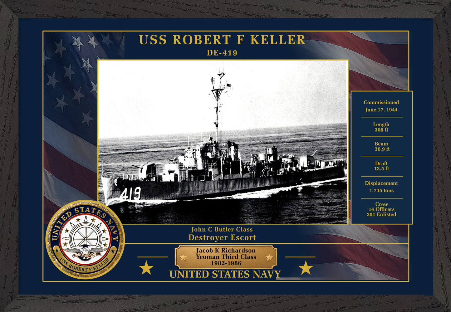 USS Robert F Keller DE-419 Framed Patriotic Photo