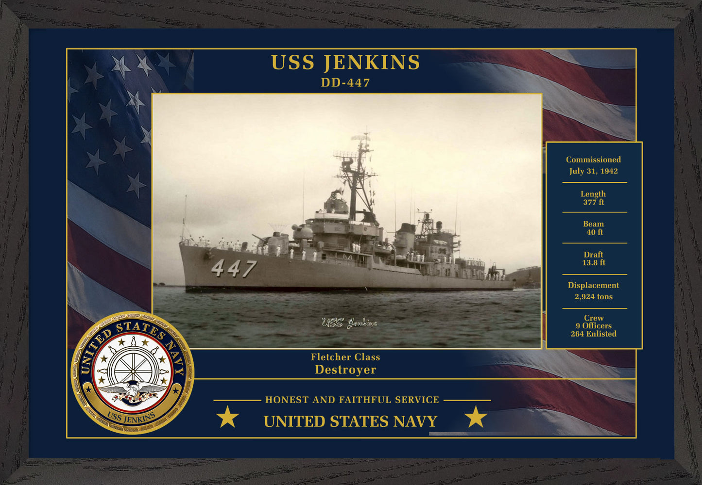 USS Jenkins DD-447 Framed Patriotic Photo