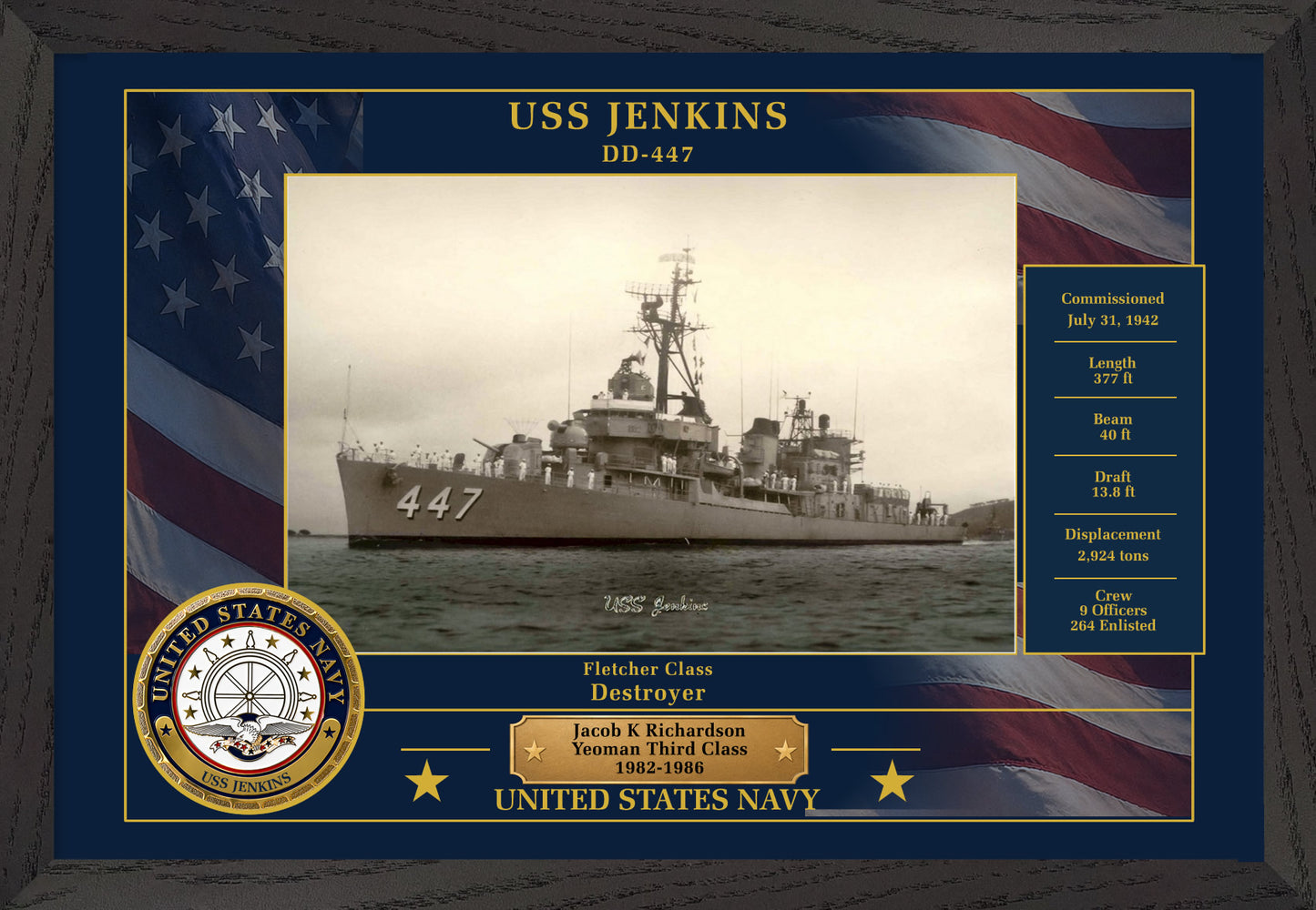 USS Jenkins DD-447 Framed Patriotic Photo