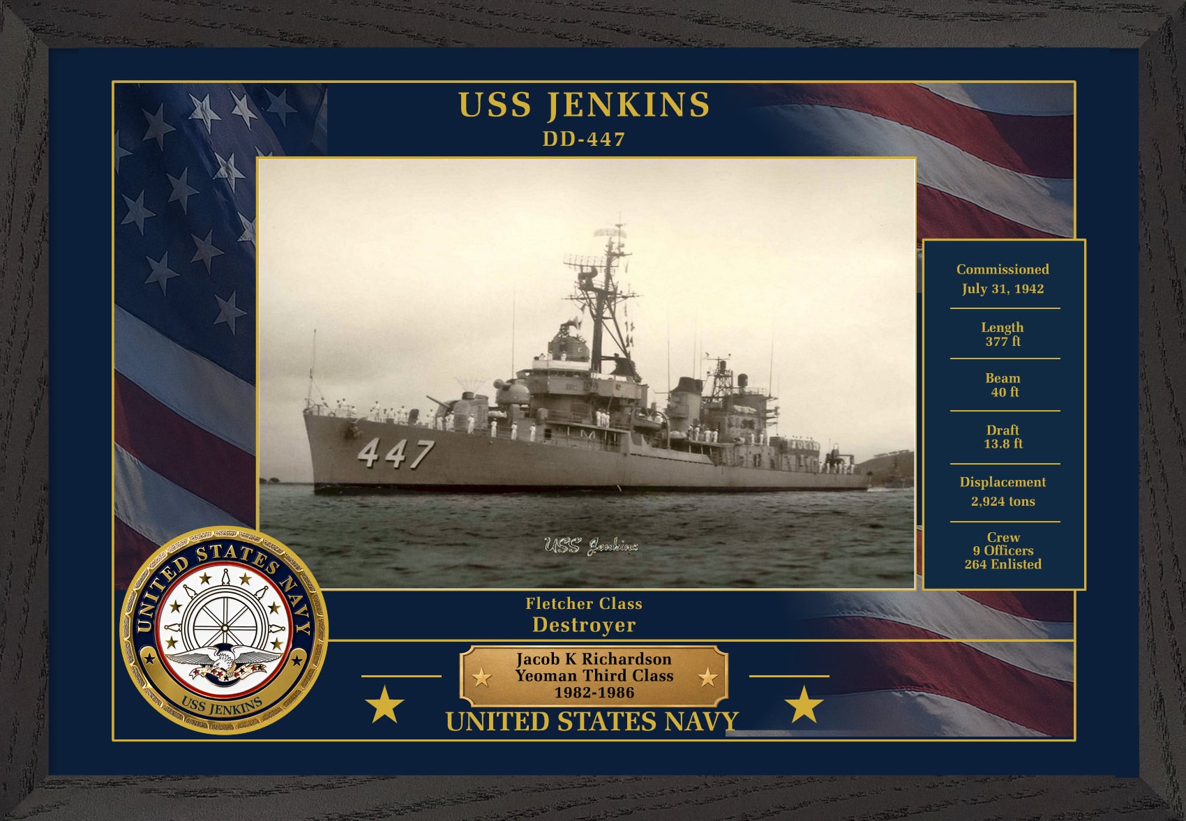 USS Jenkins DD-447 Framed Patriotic Photo