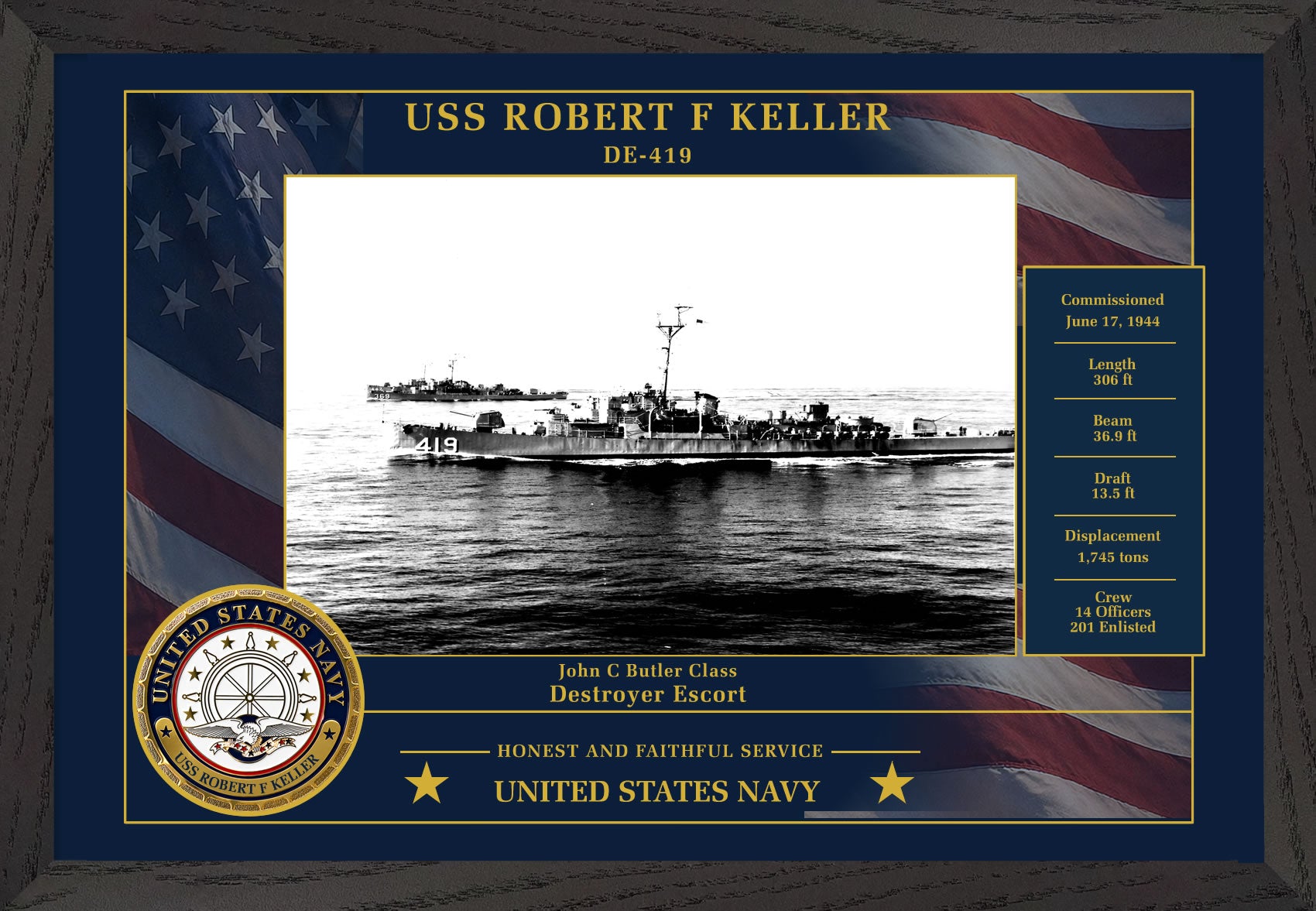 USS Robert F Keller DE-419 Framed Patriotic Photo